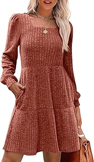 Womens Square Neck Long Sleeve Fall Dresses Casual Babydoll Sweater Dress