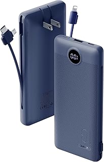 VRURC 10000mAh Portable Charger with Built-in Cables and AC Plug