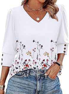 XIEERDUO Womens 3/4 Sleeve Tops with Buttons V-Neck Casual Blouses