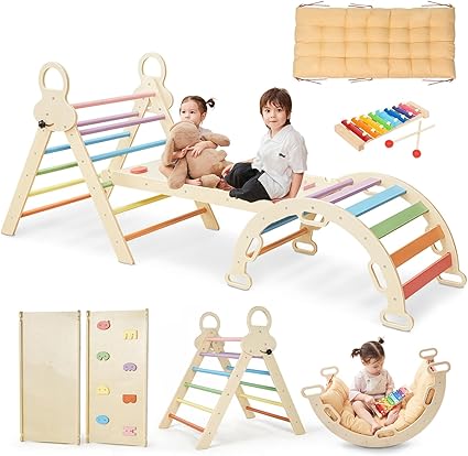 Pikler Triangle Set for Kids – Colorful Montessori Climbing Toys