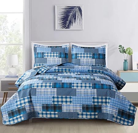 Plaid Quilt Set – Blue Patchwork Bedding