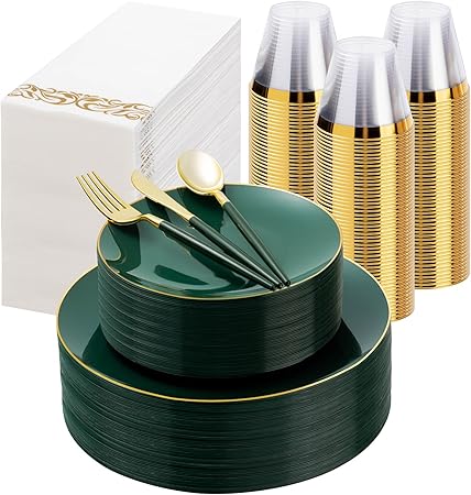 Green Gold Plastic Dinnerware Set