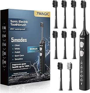 7MAGIC Sonic Electric Toothbrush for Adults and Kids – Up to 180 Days Runtime, 42000 VPM Powered Toothbrush, 5 Modes & 3 Intensities for Sensitive Teeth & Braces, Includes 8 Brush Heads, Black — 55% OFF | Only $10.38