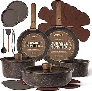 CAROTE 21PCS Pots and Pans Set Non Stick with Detachable Handle, Nonstick Cookware Sets, Cooking Kitchen Set, Oven/Dishwasher Safe, Induction Cookware, Brown, RV Kitchen Pot and Pan — 45% OFF | Only $54.99
