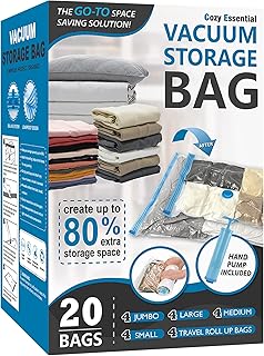 Cozy Essential Vacuum Storage Bags, 80% Compression Vacuum Seal Space Saver Plastic Packaging Bags for Clothes, Blankets, Pillow, Bedding, Comforters, Sealer Clothing Storage,20 Combo — 45% OFF | Only $17.15