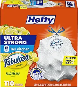 Hefty Ultra Strong 13 Gallon Trash Bags, Tall Kitchen Trash Bags 13 Gallon Size, Resist Leaks, Punctures, and Rips, Continuous Odor Control, White, Fabuloso Lemon Scent, 110 Bags — 39% OFF | Only $14.30