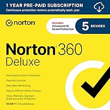 Norton 360 Deluxe, Antivirus software for 5 Devices with Auto-Renewal – Includes Advanced AI Scam Protection, VPN, Dark Web Monitoring & PC Cloud Backup [Download] — 73% OFF | Only $24.00
