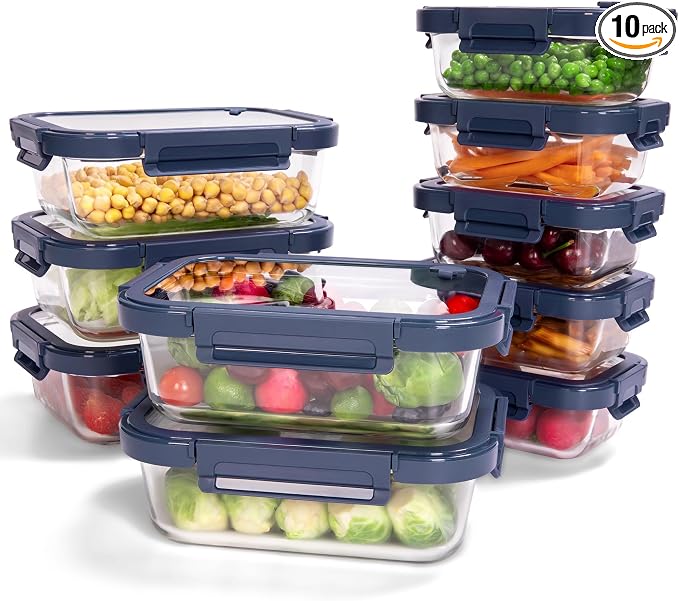 10-Pack Glass Food Storage Containers with Tempered Glass Lids – Borosilicate, Airtight, Oven-Safe (-4°F~950°F), BPA-Free, 4.4 & 1.6 Cup, Leak-Proof, Dishwasher Safe (Blue) — 50% OFF | Only $28.00