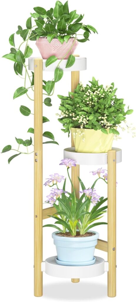 3 Tier Bamboo Plant Stand Indoor Outdoor with Plastic Tray, Tiered Corner Flower Holder Shelf, Space Saving Orchid Display Rack for Patio Porch Living Room Garden Balcony, Natural White — 42% OFF | Only $24.93