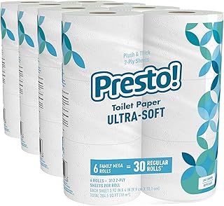Amazon Brand – Presto! 2-Ply Ultra-Soft Toilet Paper, Septic-Safe, 24 Family Mega Rolls = 120 Regular Rolls, 308 Sheets, Unscented, Pack of 4 — 15% OFF | Only $24.63
