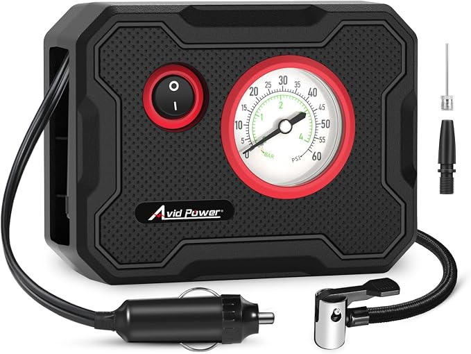 AVID POWER 12V Tire Inflator Portable Air Compressor, Portable Car Air Pump w/Display Gauge and LED Light, Air Pump for Car Tires, Bike, Motorcycle, Compact, Lightweight — 50% OFF | Only $9.99