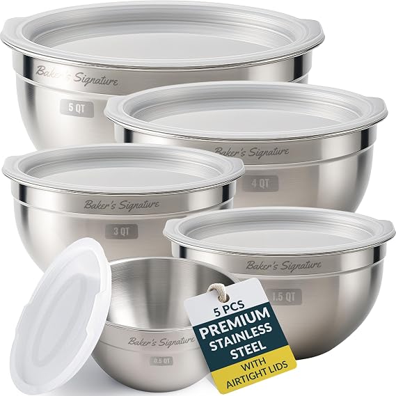 Baker’s Signature Stainless Steel Mixing Bowls With Lid | Metal Bowl Set Of 5, Nesting Set For Food Prep, Baking,Storage, Cooking, Serving | Dishwasher Safe, 0.5/1.5/3/4/5 Qt — 53% OFF | Only $24.99