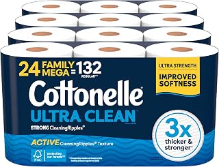Cottonelle Ultra Clean Toilet Paper with Active CleaningRipples Texture, Strong Bath Tissue, 1-Ply, 24 Family Mega = 132 Regular Rolls (4 Packs of 6), White — 10% OFF | Only $24.83