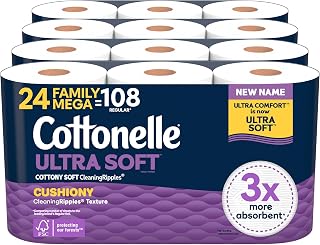 Cottonelle Ultra Soft Toilet Paper with Cushiony CleaningRipples Texture, Strong Bath Tissue, 24 Family Mega Rolls = 108 Regular Rolls (4 Packs of 6) — 10% OFF | Only $24.83