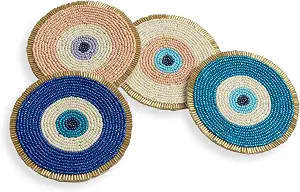 Folkulture Coasters Set of 4 | Evil Eye Beaded Handmade Round Drink Coasters for Coffee Table & Bar | Boho Modern Home & Party Décor | Hand-Crafted Cute Coasters Housewarming Gifts — 14% OFF | Only $18.99