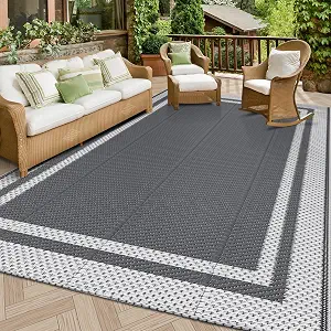HappyTrends Outdoor Rug Reversible Portable Plastic Straw Camping Rugs for Outside RV,Large Waterproof Outdoor Area Rugs for Patio,Deck,Porch,Balcony(5’x 8′,White&Gray) — 47% OFF | Only $21.19