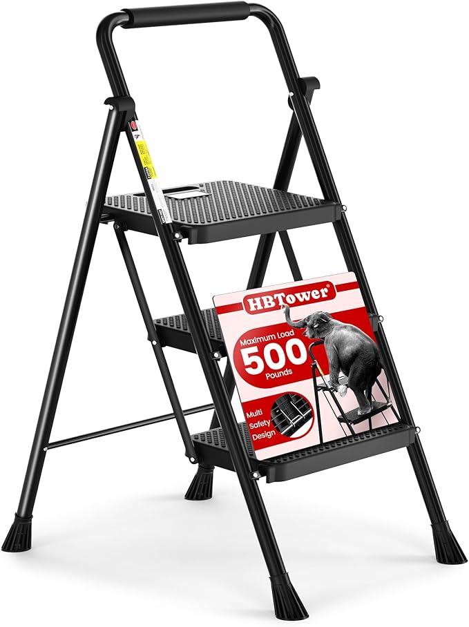 HBTower Step Ladder, Folding Step Stool with Wide Anti-Slip Pedal, Sturdy Steel Ladder, Convenient Handrail, Lightweight, Portable Steel Step Stool — 38% OFF | Only $49.59