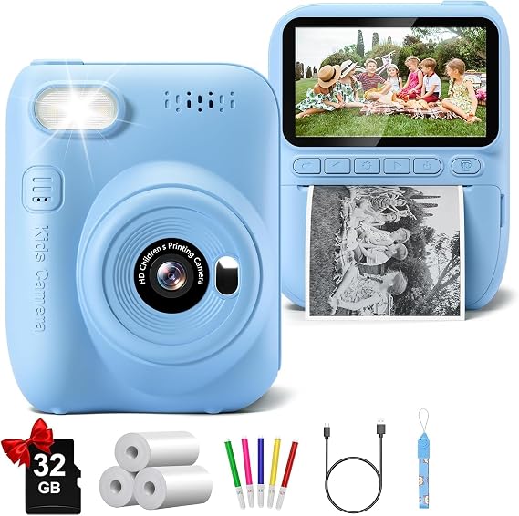 Kids Camera Instant Print, 3.0″ HD 32MP Birthday Gifts for 3-12 Year Old Girls Boys, 1080P Digital Camera for Toddler Children, Portable Toy with 32GB SD Card-Blue — 37% OFF | Only $31.49