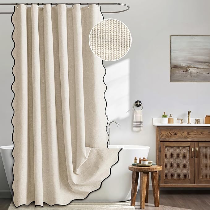MIULEE Beige Scalloped Shower Curtain Linen Textured with 12 Metal Hooks Cute Heavy Duty Washable Waterproof Neutral Thick Cloth Shower Curtains with Black Border for Bathroom Bathtub,W72*L72 Cream — 50% OFF | Only $14.50