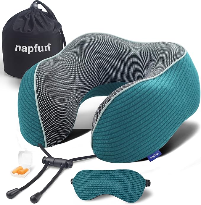 napfun Neck Pillow for Travel with Travel Pouch, Sleep Mask & Earplugs, Memory Foam Airplane Pillow for Headrest Sleep with Eyeshades, Plane Essentials with Eye Blindfold, Teal Striped Kit — 60% OFF | Only $12.00