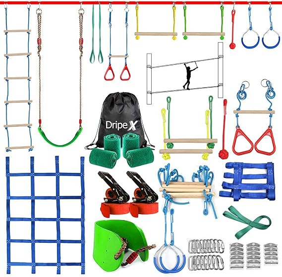 Ninja Warrior Obstacle Course for Kids Backyard – 2×50ft Slackline Kit with 10 Most Complete Accessories for Boys & Girls, Swing, Rope Ladder, Gymnastic Ring, Climbing Net, Arm Trainer and Monkey Fist — 40% OFF | Only $101.99