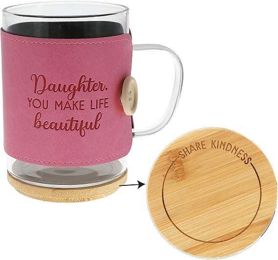 Pavilion Gift Company – “Daughter, You Make Life Beautiful” 16 oz Glass Coffee Cup Mug With Unique Pink Wrap & Bamboo Coaster Cap 3 Piece Present Gift — 66% OFF | Only $5.78