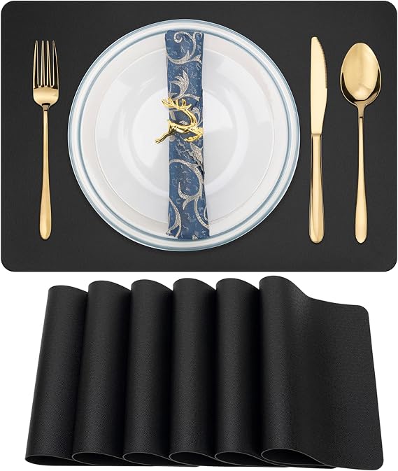 Placemats Set of 6, Faux Leather Place Mats Heat Stain Scratch Resistant Non-Slip Wipeable Waterproof Washable Outdoor/Indoor Table Mats for Kitchen Dining Table Decor, 17’’×12’’, Black — 76% OFF | Only $6.00