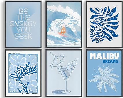 QIYFFBN 6Pcs Blue Coastal Surf Cowgirl Wall Art Vintage Flower Market Canvas Prints Girly Dorm Trendy Preppy Aesthetic Posters Light Blue Cocktail Glass Pictures Wall Decor Unframed (12x16in x6Pcs) — 80% OFF | Only $5.36