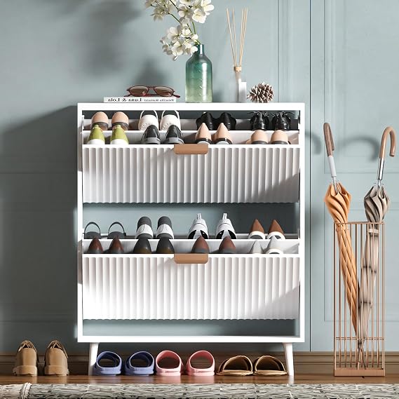 Shoe Cabinet Storage,Modern Freestanding Organizer with 2 Flip Drawers,Narrow Shoe Rack Cabinet for Entryway,White — 10% OFF | Only $107.99