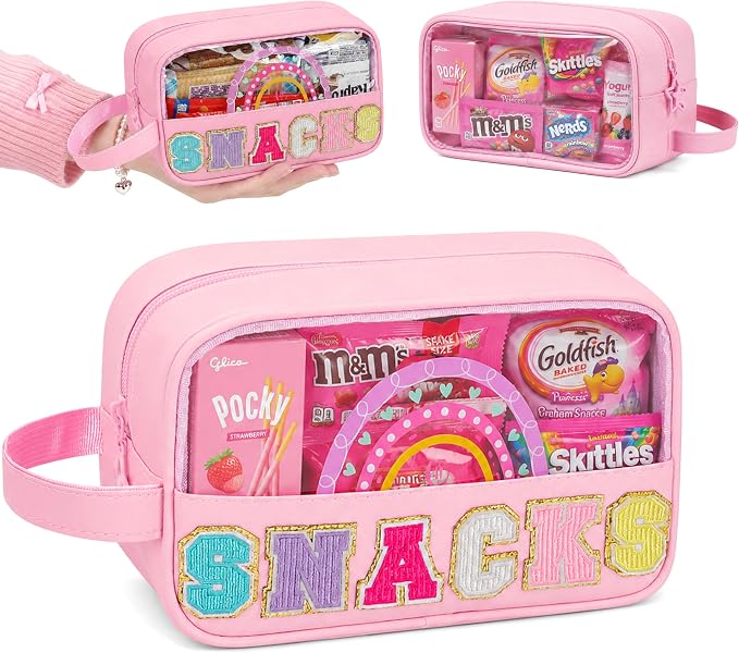 Snack Bag Clear Pouch Makeup Travel Toiletry Bag,Waterproof Clear Embroidery Letters Cute Cosmetic Tote Bag for Women Girls,PU Leather (Pink, Small) — 52% OFF | Only $7.68