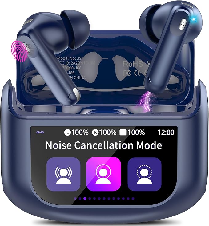 Thunelec Wireless Earbuds, Bluetooth 5.4 Headphones with Multifunctional Touch Screen, 48H Bass Stereo Ear Buds with ANC/ENC Noise Cancelling/Transparency Mode, IPX7 Earphones with 5 EQ Modes, Blue — 77% OFF | Only $18.50
