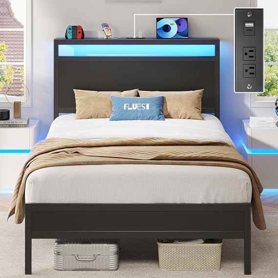 Twin Bed Frame with Headboard & Footboard, Twin Bed Frame with Charging Station & LED Light, Under-Bed-Storage, No Box Spring Needed, Noise Free, Easy Assembly, Classic Black — 38% OFF | Only $80.59