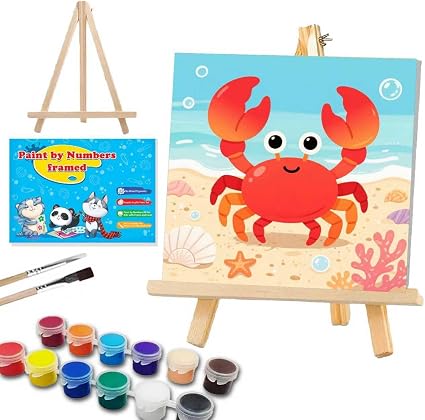 WEMEON Crab Paint by Numbers Kit for Kids with Frame and Easel, Easy Paint by Numbers Kits for Kids Ages 4-6, Small Painting by Number for Birthday Gift, Painting Party(10X10inch) — 50% OFF | Only $6.50