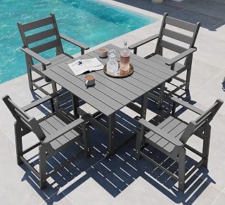 GREENVINES Outdoor Dining Set for 4, HDPE Square Table & Armchairs, Grey | Removable Armrests | Heavy Duty Patio Furniture | All Weather | Waterproof | Low Maintenance for Deck Garden & Backyard — 30% OFF | Only $398.99