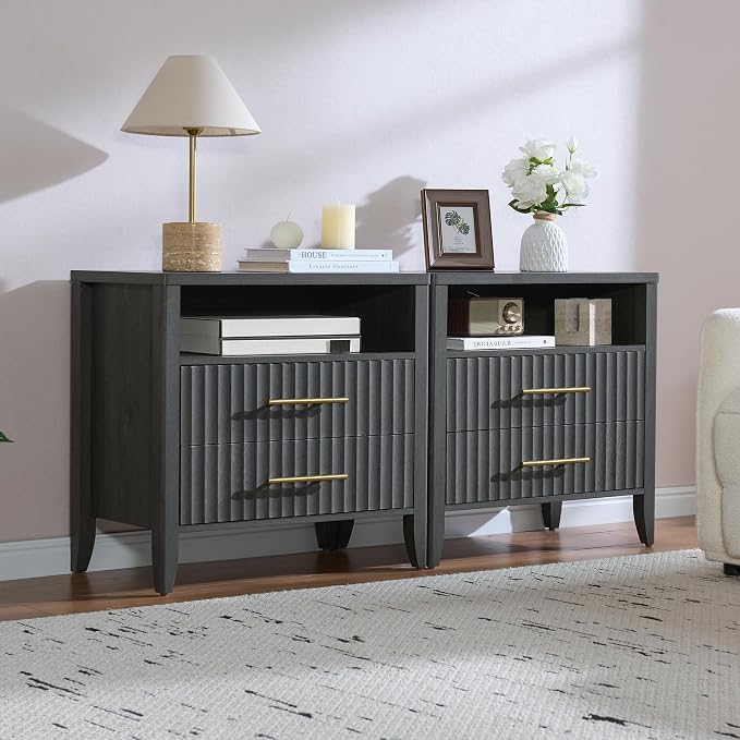 Fluted Nightstands with 2 Drawers, 27″ Modern Nightstands Set of 2 with Storage Shelf, Large Queen Size Bedside Table and End Table for Bedroom,Hallway,Office (Dark Gray, 2 Pieces) — 19% OFF | Only $178.19