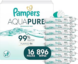 Pampers Aqua Pure Baby Wipes, 99% Water, Fragrance Free, Unscented, Water Based, Multi-Use, 896 Wipes Total (16X Flip-Top Packs) [Packaging May Vary] — 25% OFF | Only $33.70
